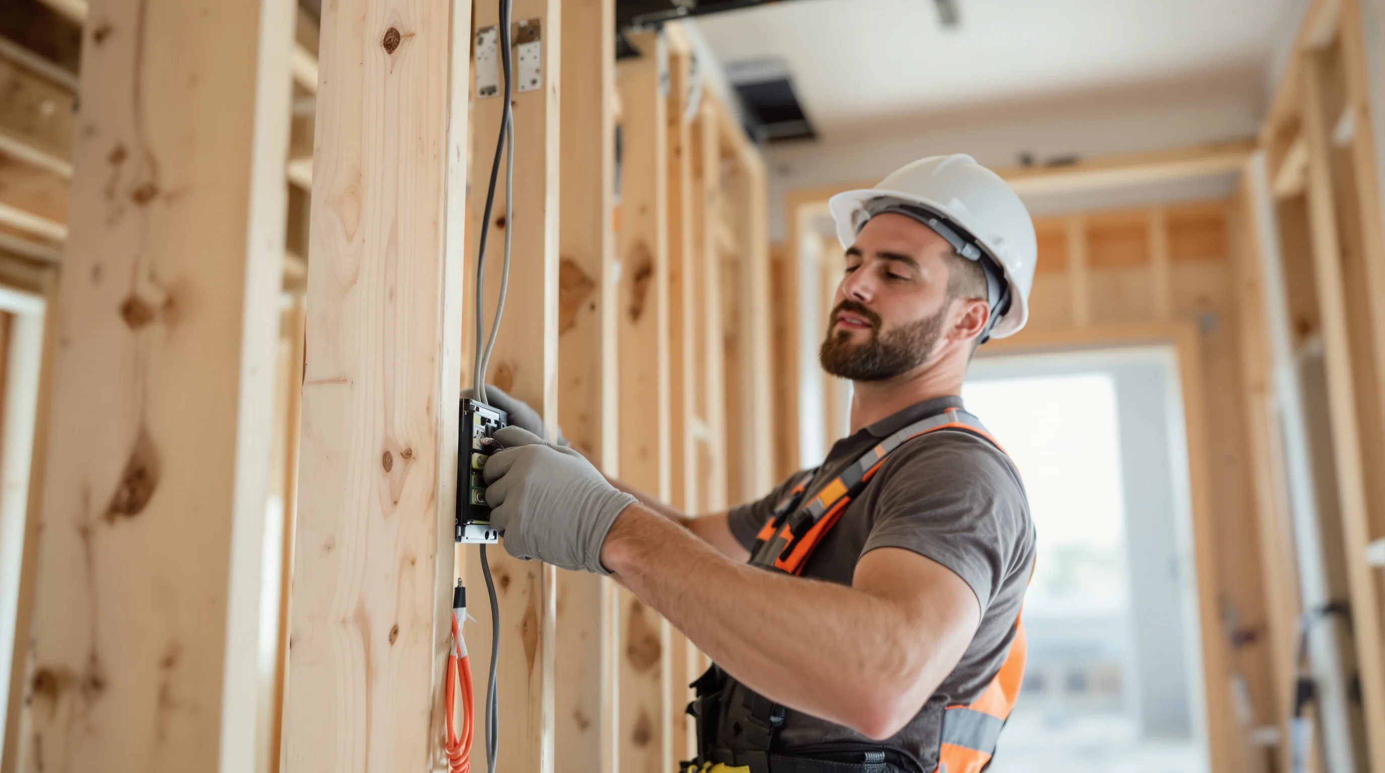 Electrician wiring a new home construction in South Carolina